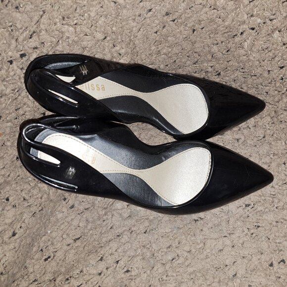 MELISSA-Classic Heel-Stiletto Cut Out Slingback-Black Pointed Toe-Sz 9-Near Mint - Picture 7 of 8